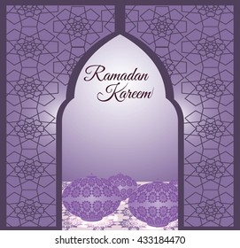 Ramadan Kareem background glow light mosque dome  and geometric pattern  - May Generosity Bless you during the holy month
