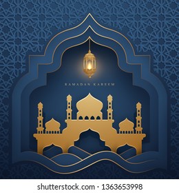 Ramadan kareem background with glowing hanging lantern and mosque. Luxury Greeting card background with 3D paper cut style.