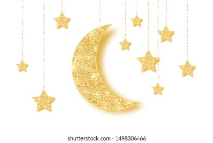 Ramadan Kareem background with gold handing shiny glitter glowing moon with stars on white background.