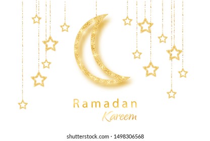 Ramadan Kareem background with gold handing shiny glitter glowing moon with stars on white background.
