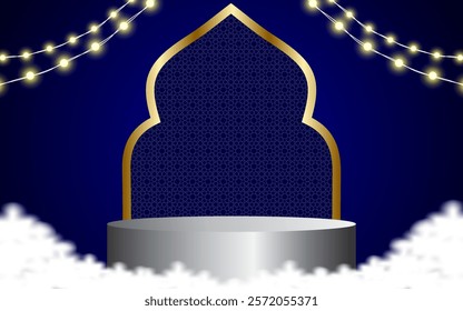 Ramadan kareem background with gold lamp and podium. vector illustration