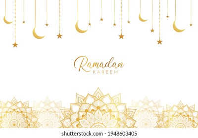 Fondo Ramadán kareem con Mandala dorada, luna y estrellas en blanco. Ilustración vectorial de las celebraciones del mes sagrado islámico. Colocar el texto