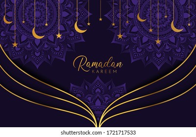 Fondo Ramadán kareem con luna de oro y estrellas en morado. Ilustración vectorial de las celebraciones del mes sagrado islámico. Colocar el texto