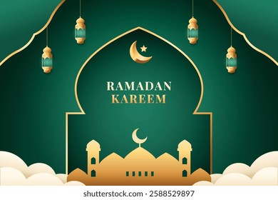 Ramadan Kareem background with gold mosque and lantern. Islamic holidays decoration banner.