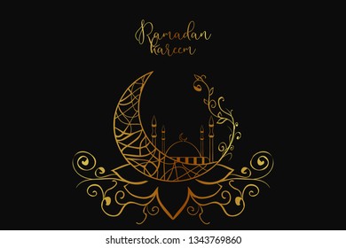 Ramadan Kareem background. Gold pattern on dark background - for foil stamping. Moon and mosque on Muslim feast of holy islam religious month. Ramadan mubarak crescent invitation for muslim. 
