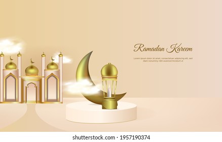 Ramadan kareem background with golden lamp and podium 