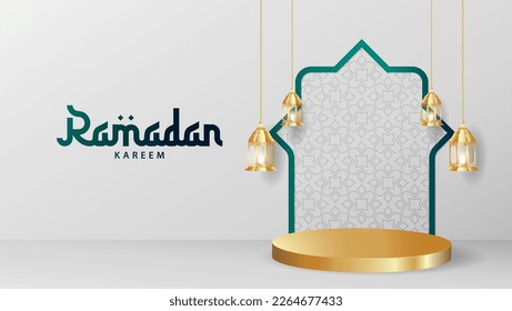 Ramadan Kareem Background with Golden Lamp and 3d Podium. Vector illustration. Suitable for banners, product advertisements, social media, greeting cards etc