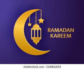 Ramadan Kareem background. Golden lantern, moon, crescent, stars papercut design elements. Eid Mubarak celebration card. Muslim holy month. Ramazan decoration. Arabian pattern. Vector illustration.