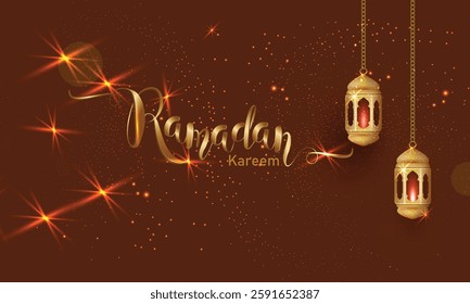 Ramadan Kareem Background with Golden Lanterns and Sparkling Lights on Brown Background