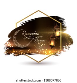 Ramadan Kareem background. golden moon Hanging lanterns Muslim feast of the holy month. Golden lanterns on dark blue background. Greeting card template for Ramadan and Muslim Holidays cover 