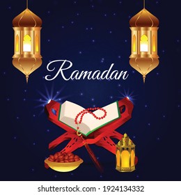 Ramadan kareem background with golden moon with islamic lantern