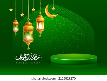 Ramadan Kareem background with green podium for premium product presentation. Podium stage decorated by arabic arch window with Islamic pattern, crescent moon, golden lanterns. Vector illustration.