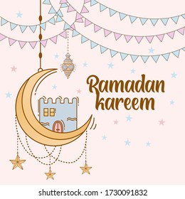 Ramadan Kareem Hintergrund mit handgezeichneter Doodle aus islamischen Ornamenten, Moschee, Laterne und Garland. Grußkarte für islamische Heilige Monat Festival, ramadan mubarak.