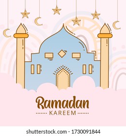 Ramadan kareem background with hand drawn doodle of islamic ornament, mosque, lantern, and garlands. Greeting card for islamic holy month festival, ramadan mubarak.