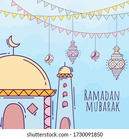 Ramadan kareem background with hand drawn doodle of islamic ornament, mosque, lantern, and garlands. Greeting card for islamic holy month festival, ramadan mubarak.
