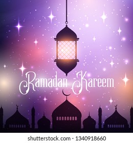 ramadan kareem background with hanging lantern and mosque silhouette