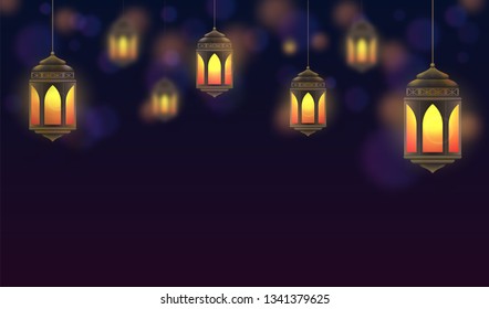 Ramadan Kareem background. Hanging lanterns and glowing lamps. Muslim feast of the holy month. Beautiful golden lanterns on dark blue background. Greeting card template for Ramadan and Muslim Holidays