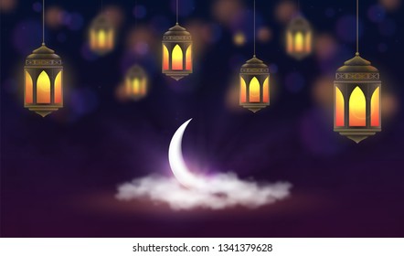 Ramadan Kareem background. Hanging lanterns and crescent in clouds. Muslim feast of the holy month. Golden lanterns on dark blue background. Greeting card template for Ramadan and Muslim Holidays