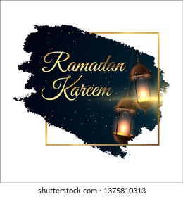 Ramadan Kareem background. Hanging lanterns Muslim feast of the holy month. Golden lanterns on dark blue background. Greeting card template for Ramadan and Muslim Holidays cover 