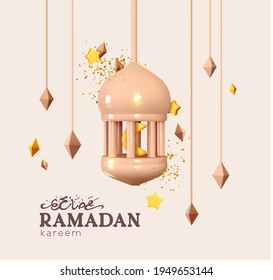 Ramadan Kareem background. Hanging lanterns, falling gold confetti. Holiday banner, web poster, flyer, stylish brochure, greeting card, cover. Arabic Text Translation Ramadan Kareem 