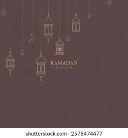 Ramadan Kareem Background with Hanging Lanterns, Crescent Moon, Stars, and Islamic Decorative Elements on Dark Elegant Theme