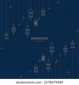 Ramadan Kareem Background with Hanging Lanterns, Crescent Moon, Stars, and Elegant Islamic Pattern on Dark Blue Theme