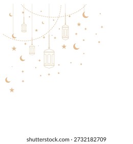 Ramadan Kareem background with hanging lanterns, crescent moons, and stars. Islamic greeting card element in green and gold colors. Vector illustration