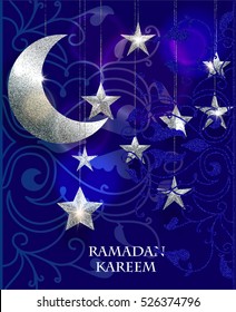 Ramadan Kareem background  with hanging textured sparkling gold stars and moon