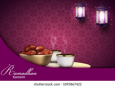 Ramadan Kareem background. Iftar party with traditional coffee cup, bowl of dates and lanterns hanging in a purple glowing background