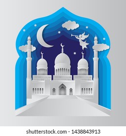 Ramadan kareem background illustration angel, musical trumpet, mosque, moon, star, and clouds. Paper cut. Vector illustration eps
