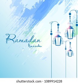 Ramadan kareem background, illustration with arabic lanterns and golden ornate crescent, on starry background with clouds.