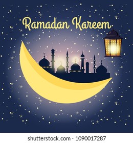 Ramadan kareem background, illustration with arabic lanterns and golden crescent, on starry background. Vector, isolated