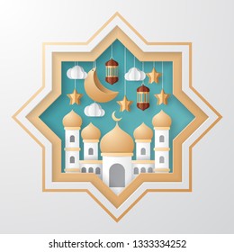 Ramadan kareem background illustration with arabic lanterns, mosque, moon, star, and clouds. Paper cut. Vector illustration.