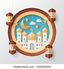Ramadan kareem background illustration with arabic lanterns, mosque, moon, star, and clouds. Paper cut. Vector illustration.