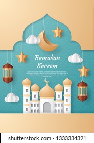 Ramadan kareem background illustration with arabic lanterns, mosque, moon, star, and clouds. Paper cut. Vector illustration.