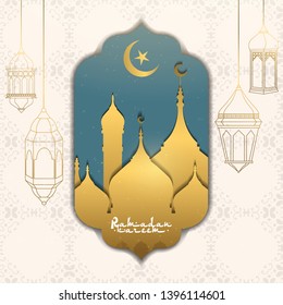 Ramadan kareem background. illustration with arabic golden lantern and glowing sparkling. vector