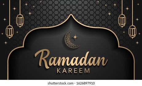 Ramadan kareem background, illustration with arabic lanterns and golden ornate crescent and black background. greeting card, flyer, banner, poster.