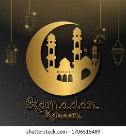 Ramadan kareem background. illustration with arabic golden lantern and glowing sparkling. vector