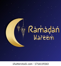 Ramadan kareem background, illustration with arabic lanterns and golden ornate crescent, on starry background with clouds. EPS 10 contains transparency.