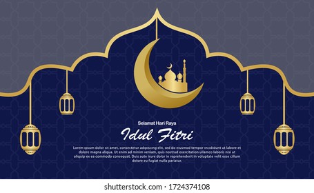 Ramadan kareem background, illustration with arabic lanterns and golden ornate crescent. EPS 10 Vector.