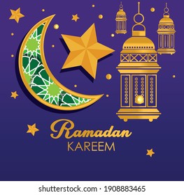 Ramadan Kareem Hintergrund, Illustration mit arabischen Laternen und orangefarbenem Crescent auf sternigem Hintergrund.