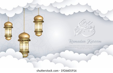 Ramadan kareem background, illustration with arabic lanterns, on starry background with clouds
