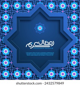 Ramadan kareem background, illustration with blue ornate arabic on paper style. Arabic text translation Ramadan Kareem. Vector illustration