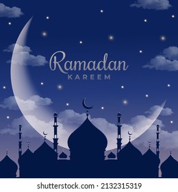 Ramadan kareem background, illustration with dark ornate arabic crescent moon and mosque. Vector illustration