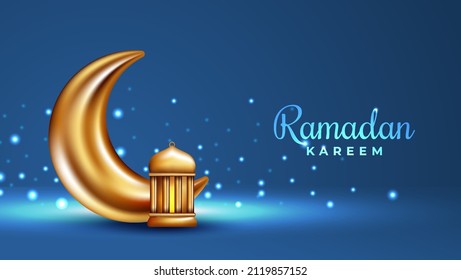 Ramadan kareem background, illustration with gold ornate arabic lanterns and crescent moon. Vector illustration