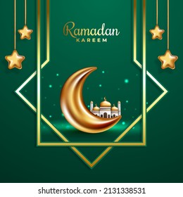 Ramadan kareem background, illustration with gold ornate arabic lanterns, crescent moon, star and mosque. Vector illustration
