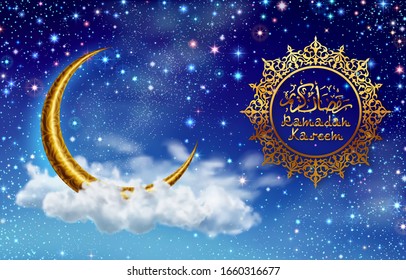 Ramadan kareem background, illustration with golden ornate crescent, on starry background with clouds. EPS 10 contains transparency.