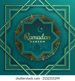 Ramadan kareem background, illustration with green ornate arabic mosque on paper style. Vector illustration