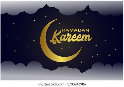 Ramadan kareem background, illustration with moon golden ornate crescent, on starry background with clouds. EPS 10