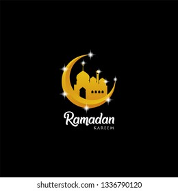 Ramadan kareem background, illustration with mosque dome and golden ornate crescent, on black background. EPS 10 contains transparency - vector